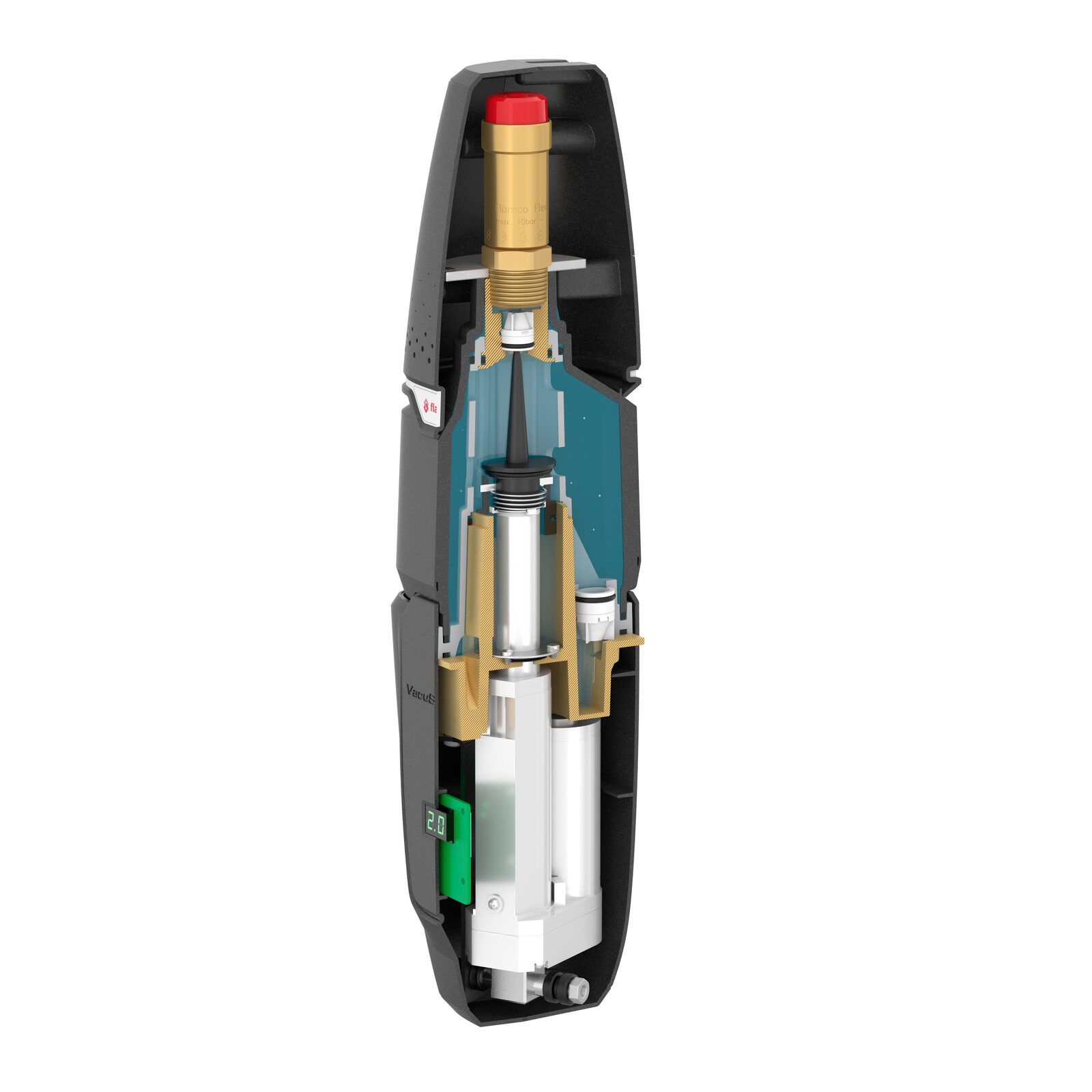 Blik op de binnenkant van de VacuStream, waar onder meer plaats is voorzien voor een 12 V-adapter, zodat het toestel eenvoudig op het lichtnet kan worden aangesloten.