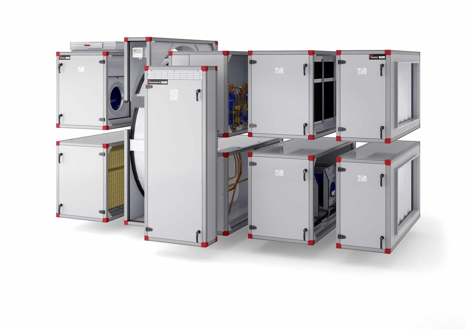 De Envistar Flex-luchtbehandelingsgroep van IV Produkt, modulair opgebouwd uit verschillende functionele secties voor onder meer filtering, ventilatie en luchtbehandeling.