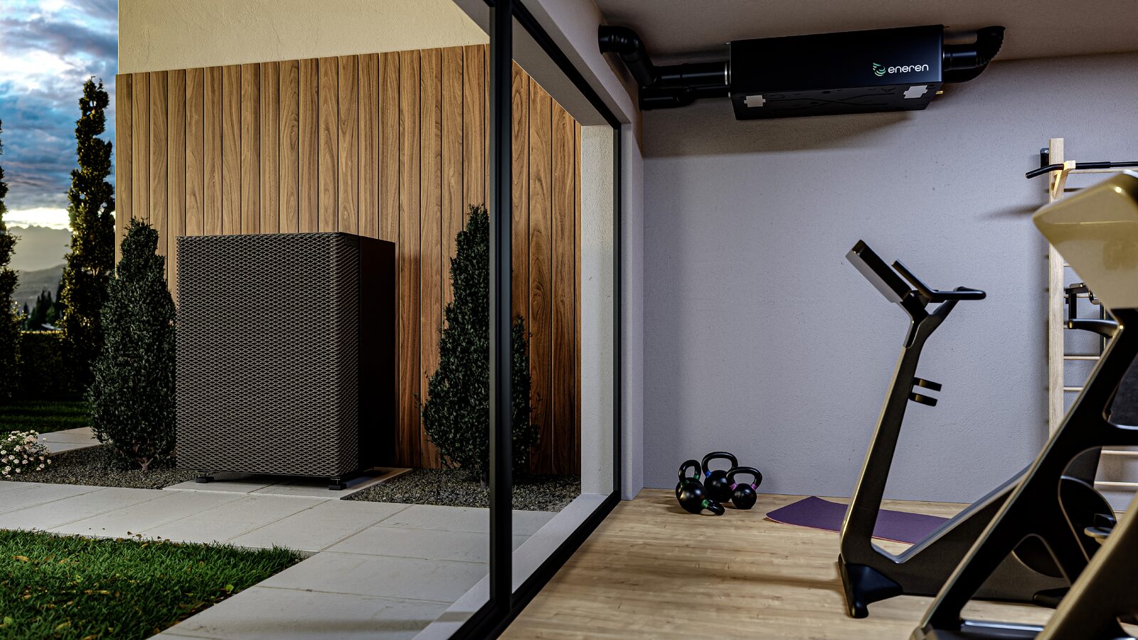 Een warmtepomp met kleiner vermogen uit de HXE-reeks. De HXE-warmtepompen zijn specifiek ontworpen met het oog op een zeer lage geluidsproductie en kunnen dus dicht bij een raam worden geplaatst.